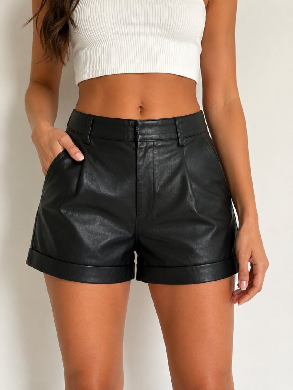 Black Faux Leather High Waist Shorts Women Size 4 Cuffed Vegan Leather